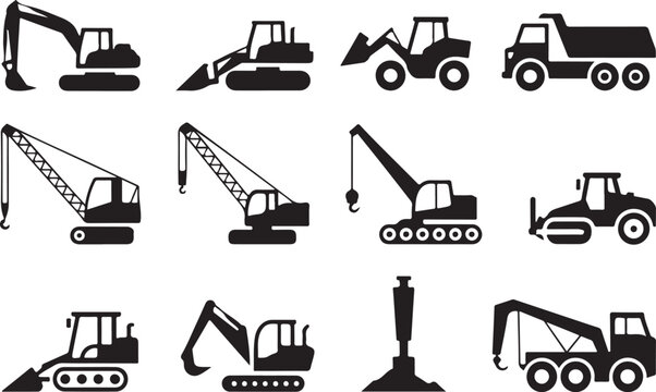 Black and white construction equipment vector icons set