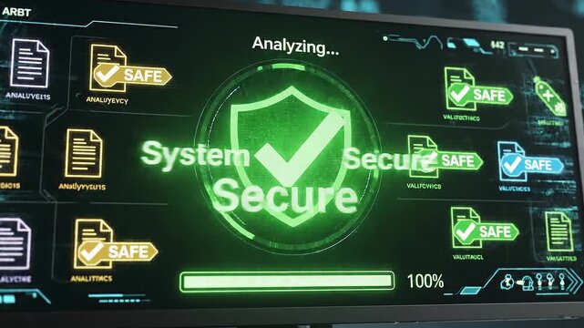 Multiple digital document validation processing futuristic interface antivirus software concept. Cybersecurity digital shield scanning system protecting safe files and data from malware threats