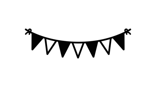 A simple black and white illustration of a festive bunting banner with triangular flags.