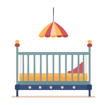 Flat design illustration of a baby crib with mobile