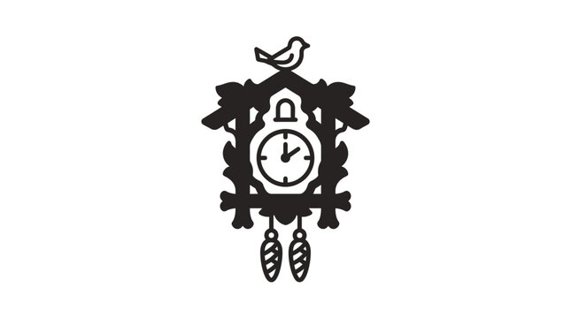 A black and white icon of a traditional wooden cuckoo clock with a bird on top.