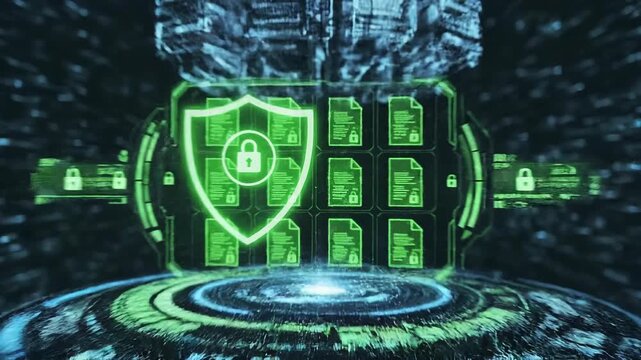 Multiple digital document validation processing futuristic interface antivirus software concept. Digital data protection concept with secure files and shield lock symbol on futuristic interface