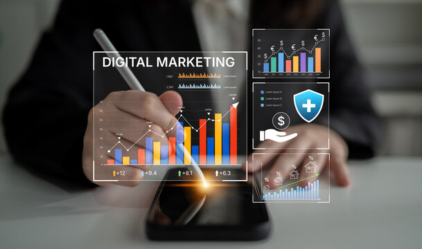 Hand with Pen in Business Suit Analyzing Digital Marketing Data and Statistics on Smartphone Screen with Marketing Graphs and Charts. Bitwise.