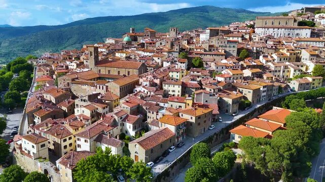 Aerial view of Cortona, a town in the province of Arezzo, Tuscany, Italy.
