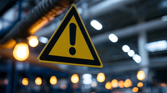 A yellow safety warning sign hangs from a chain in a bright industrial factory setting