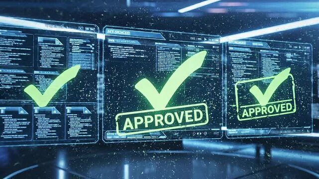 Multiple digital document validation processing futuristic interface antivirus software concept. Futuristic digital interface with holographic check mark and data analysis screens technology concept
