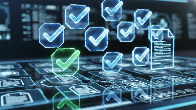 Multiple digital document validation processing futuristic interface antivirus software concept. Digital data verification concept with glowing document icon and check mark on futuristic interface