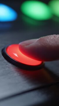 Close-Up of a Vibrant Red Button Against Softly Glowing Multi-Colored Lights in a Subtle Dark Background, Highlighting Modern Design Aesthetics and Technology