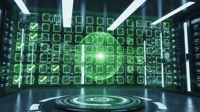 Multiple digital document validation processing futuristic interface antivirus software concept. Futuristic digital network with green check marks and glowing data connections in high tech environment