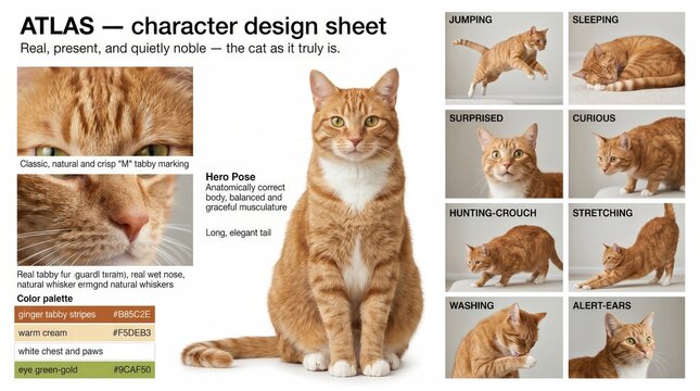 Cartoon cat character design sheet featuring various poses including jumping, sleeping, and stretching with detailed color palette and visual attributes for design mockup