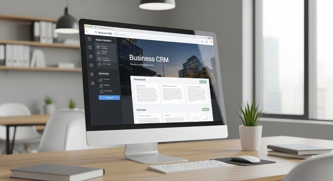 Modern Computer Display Showing a Business CRM Software Interface on a Wooden Desk