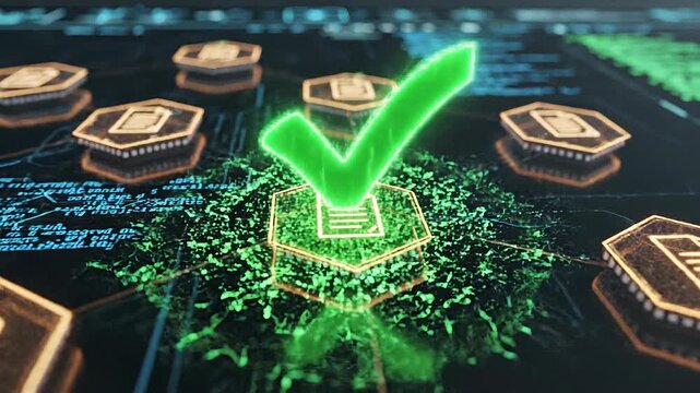 Multiple digital document validation processing futuristic interface antivirus software concept. Digital network connection with glowing hexagonal icons representing data files and information flow