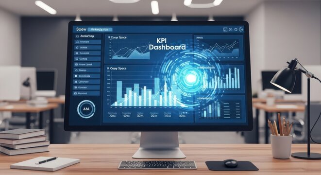 Modern computer displaying a dynamic KPI dashboard with charts and graphs on a wooden desk
