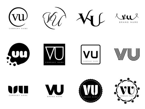 VU logo company template. Letter v and u logotype. Set different classic serif lettering and modern bold text with design elements. Initial font typography.