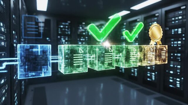 Multiple digital document validation processing futuristic interface antivirus software concept. Digital blockchain technology concept with secure data verification and approval icons in server room