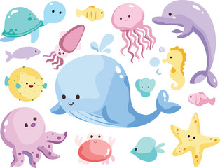 Cute sea creatures vector illustration set featuring blue whale dolphin jellyfish octopus starfish and underwater ocean animals © Ruma