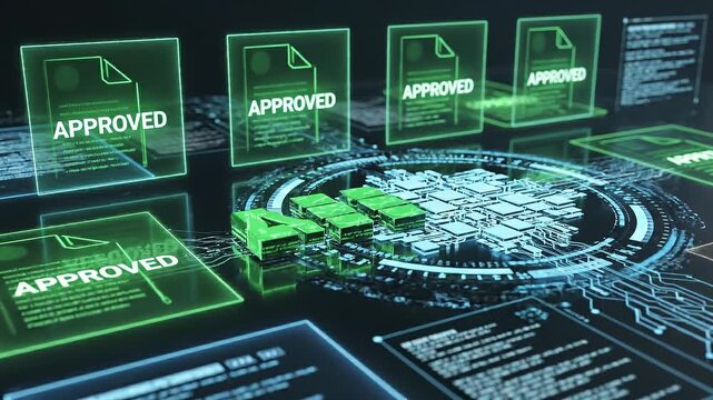 Multiple digital document validation processing futuristic interface antivirus software concept. Futuristic digital data processing with holographic documents and glowing interface technology