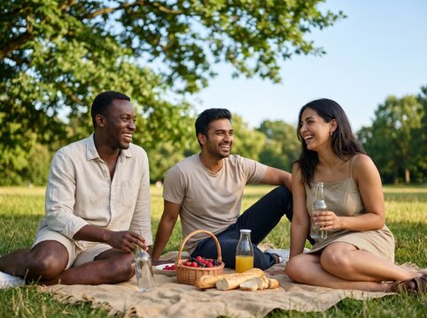 Diverse Best Friends Laughing and Sharing Food on Picnic Blanket - True Connection and Copy Space