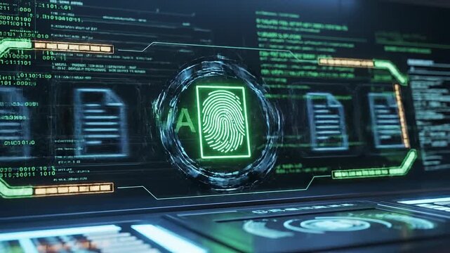 Multiple digital document validation processing futuristic interface antivirus software concept. Futuristic digital security interface with fingerprint authentication and data file icons on screen