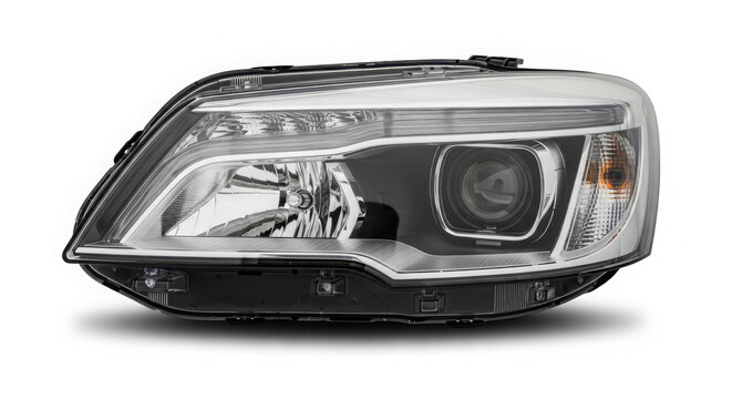 Modern automotive headlight assembly featuring clear glass lens and metallic internal reflectors isolated on a crisp clean white studio background