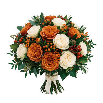 Rustic autumnal bouquet featuring deep orange garden roses and berries isolated on transparent background