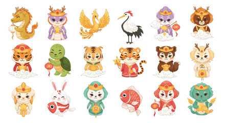 Obraz premium Cute Cartoon Chinese Zodiac Animals Characters with Lanterns, Asian Culture Festive Style
