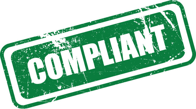 Green compliant stamp with distressed texture on white background regulatory approval symbol