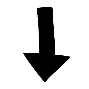 Hand drawn black arrow pointing down isolated on white background