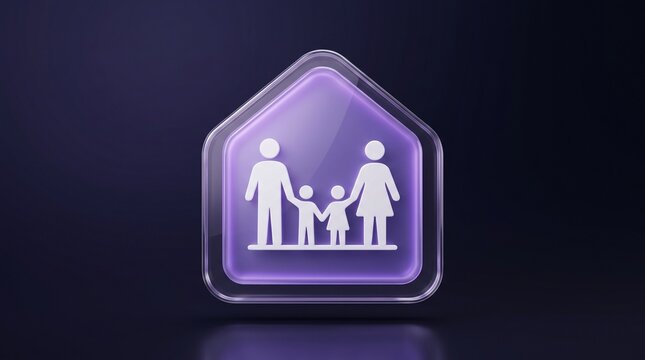 Family Icon Emblem: A stylized glass emblem shaped like a house, showcasing a white silhouette of a family with two children, symbolizing home, love, and belonging against a deep purple backdrop.