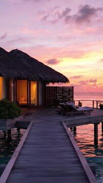 Serene Sunset Over Water Villas: A Breathtaking View of Tranquil Waters and Tropical Architecture at Dusk, Perfect for Relaxation and Nature Appreciation