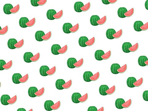 白バックにまるごと西瓜と切身の模様が入った背景素材イラスト