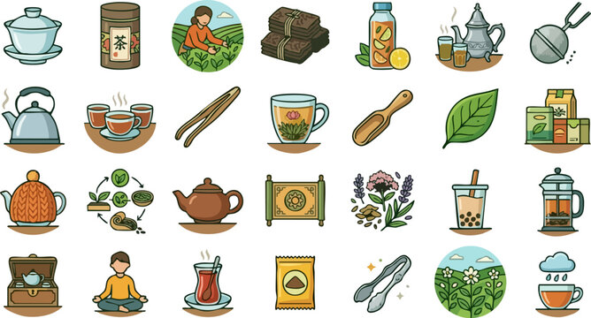 Tea ceremony traditions and herbal varieties vector icons set, global tea culture elements