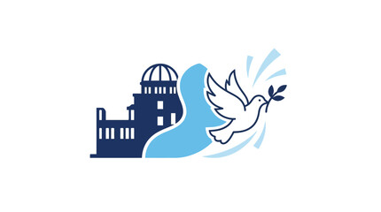 Naklejka premium Peaceful dove carrying olive branch near historic site