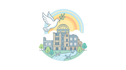 Obraz premium Peaceful dove flying over historic ruins with rainbow