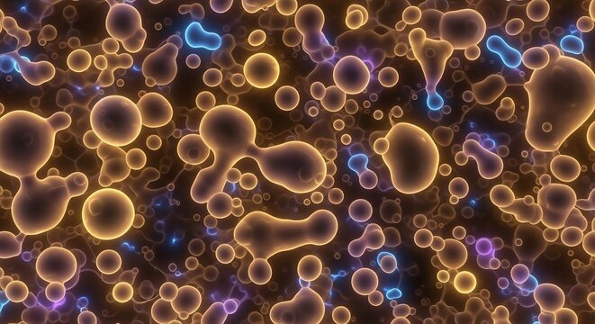 Glowing Abstract Microbial Shapes Floating in Dark Microscopic Environment