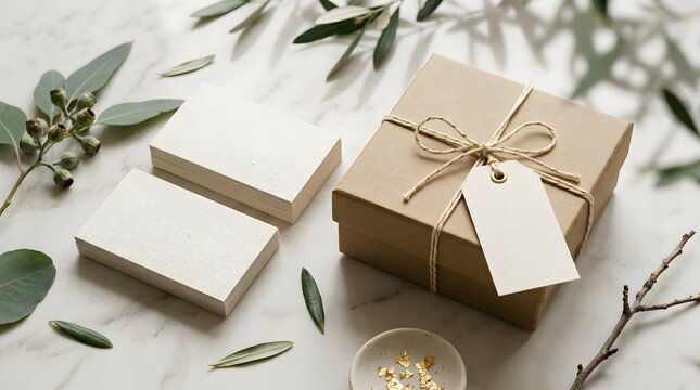 Elegant gift boxes with twine and greenery on a white surface.