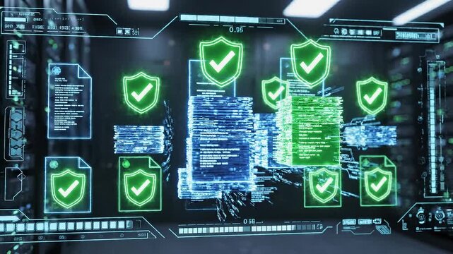 Digital data security with encrypted files and green check marks symbolizing cybersecurity and information protection