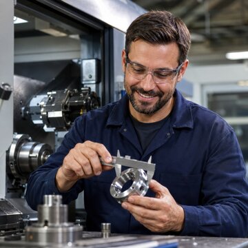 Technician in safety glasses measuring a metal part with a caliper in a modern workshop. Precision engineering and quality control.