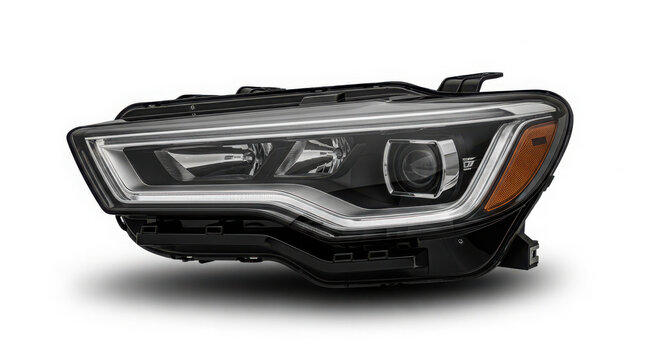 Modern car headlight assembly featuring sleek black housing with bright led accents and a clear glass lens isolated on white
