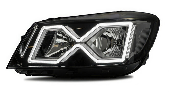 Modern black car headlight assembly featuring bright white led daytime running lights isolated on a clean white studio background surface