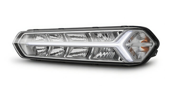 Modern automotive headlight assembly featuring clear glass lens and bright internal reflectors isolated on a clean white studio background surface
