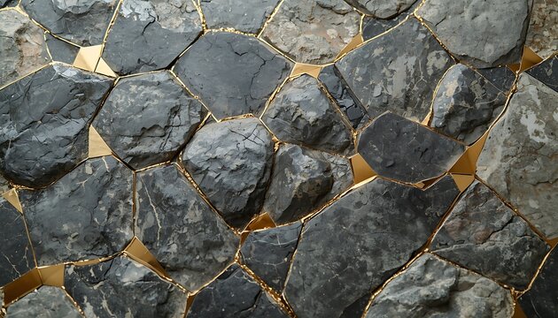 Close-up of a rustic hexagonal stone wall with gold accents and intricate details.