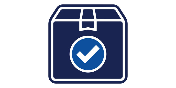 Blue package icon with white checkmark on isolated white background