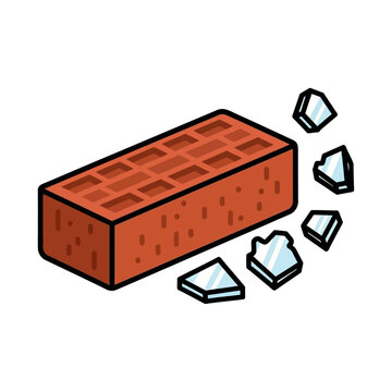 Vivid isometric illustration of a single red construction brick with shattered clear fragments, symbolizing damage, impact, or deconstruction