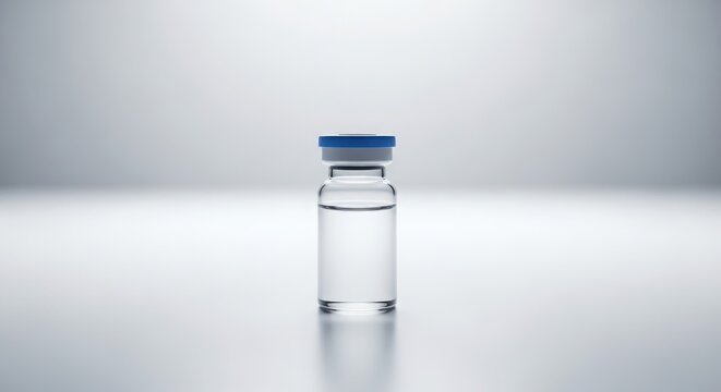 Clear glass vial with blue cap filled with liquid in a sterile laboratory setting