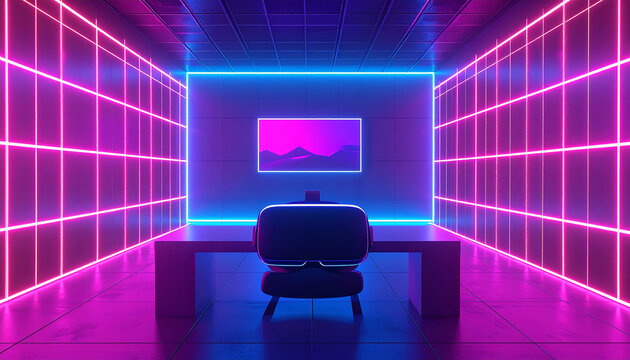 VR workspace  empty desk with a headset  glowing grid lines on the walls  synthwave