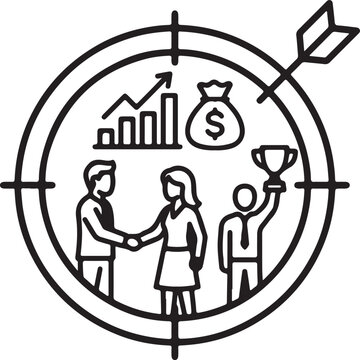 Target audience and business partnership icon with handshake and achievement trophy for marketing goals.