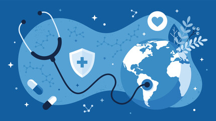 Naklejka premium Global healthcare concept illustration with a stethoscope connected to a world globe alongside a medical shield, capsule pills, heart, and molecules.
