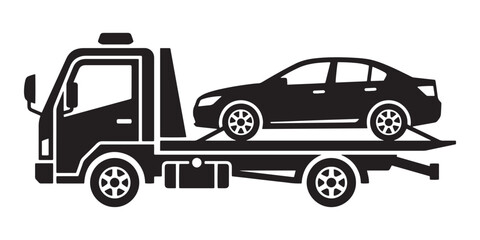 Naklejka premium Black silhouette of a car being towed on a flatbed truck vehicle