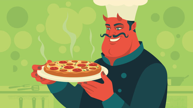 A grinning red devil character wearing a chef hat proudly holds a steaming hot pizza on a plate against a bright green dotted background.